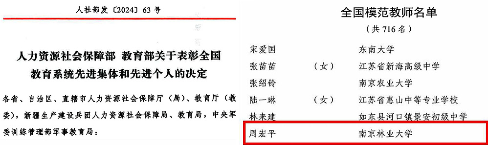 我校周宏平教授荣获“全国模范教师”荣誉称号